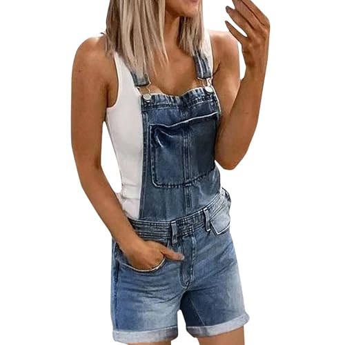 MASUCOR Latzhose Damen Kurz Retro Jeanshose Sommer Jeanslatzhose mit Verstellbarer Riemen Loose Fit Denim Shorts Freizeit Overall Y2K Boyfriend Stil Jumpsuit(Dark Blue,4XL) von MASUCOR