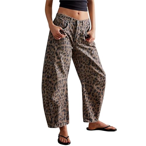 MASUCOR Leopard Barrel Jeans Damen Mid Rise Cropped Pants Baggy Cheetah Print Boyfriend Jeans Trendy Hose mit Weitem Bein und Taschen Lässige Streetwear Cargohose(XXL) von MASUCOR
