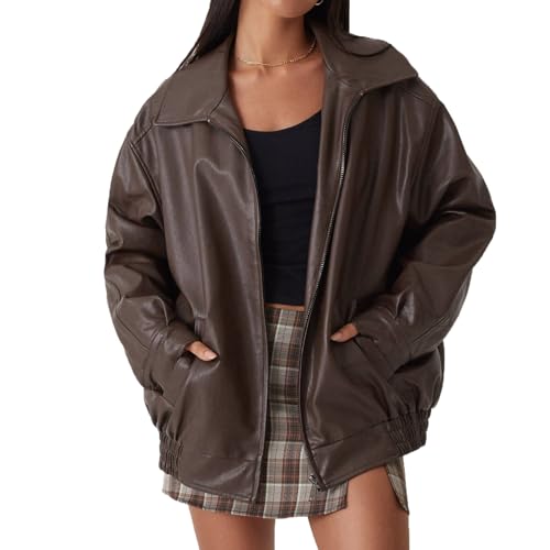 MASUCOR Mantel Damen Herbst Damen Kunstleder Lederjacke Frauen Jacke mit Reißverschluss Motorradjacke Reverskragen Bikerjacke Übergangsjacke Ladies Oberbekleidung Beiläufig(Brown,XXL) von MASUCOR