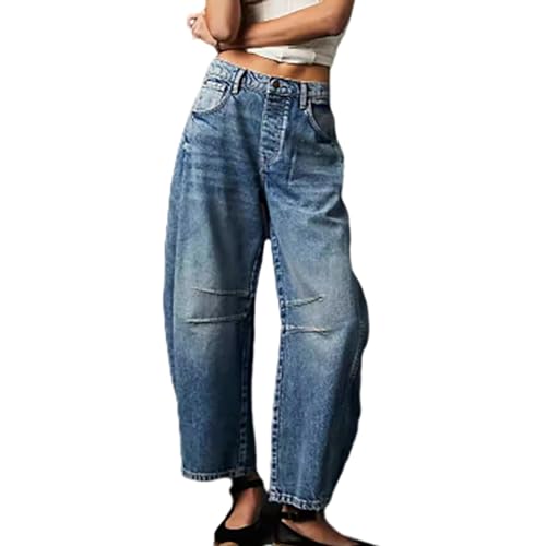 MASUCOR Mid Rise Barrel Jeans für Damen Jeanshose mit Weitem Bein Baggy Boyfriend Jeans mit Taschen Knopfleiste Modisch Bequeme Leichte Lockere Hose Y2k Vintage Barrel Jeans(Blue,XL) von MASUCOR