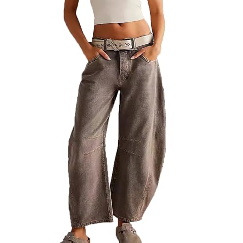 MASUCOR Mid Rise Barrel Jeans für Damen Jeanshose mit Weitem Bein Baggy Boyfriend Jeans mit Taschen Knopfleiste Modisch Bequeme Leichte Lockere Hose Y2k Vintage Barrel Jeans(Brown,XL) von MASUCOR