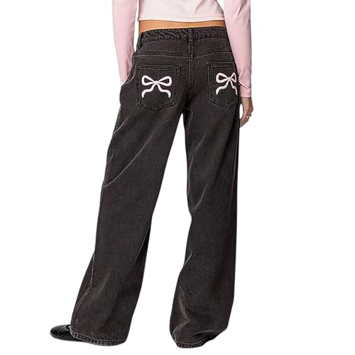 MASUCOR Schleifenjeans für Damen Süße Rosa Schleifenjeans Baggy Jeans mit Schleifen an Den Gesäßtaschen Schleifen Bestickte Taschen Jeans Mittlere Taille Gerade Jeans mit Weitem Bein Y2K Boyfriend(Bla von MASUCOR