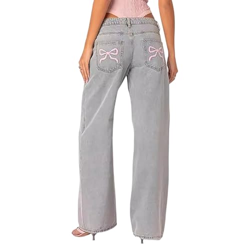 MASUCOR Schleifenjeans für Damen Süße Rosa Schleifenjeans Baggy Jeans mit Schleifen an Den Gesäßtaschen Schleifen Bestickte Taschen Jeans Mittlere Taille Gerade Jeans mit Weitem Bein Y2K Boyfriend(Blu von MASUCOR