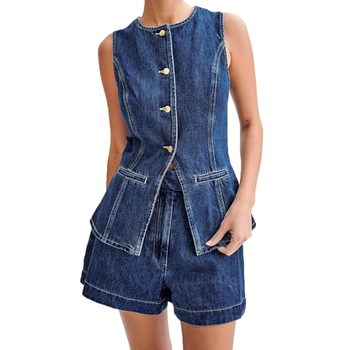 MASUCOR Weste und Hose für Damen 2-teiliges Set V-Ausschnitt Ärmellose Weste mit Knopfleiste Jeansshorts mit Hoher Taille 2-teiliger Blazeranzug Passende Sommersets Jeansset Businessanzug(Blue,XL) von MASUCOR