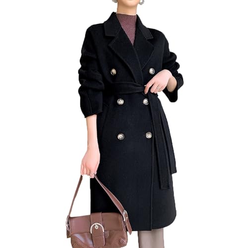 MASUCOR Wollmantel Damen Winter Mantel A-linie Wintercoat mit Gürtel Lang Winterjacke Revers Zweireihiger Coat Knielang Trenchcoat Winter Elegant Jacke Outwear(Black,M) von MASUCOR