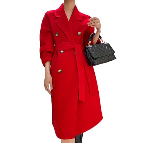 MASUCOR Wollmantel Damen Winter Mantel A-linie Wintercoat mit Gürtel Lang Winterjacke Revers Zweireihiger Coat Knielang Trenchcoat Winter Elegant Jacke Outwear(Red,M) von MASUCOR
