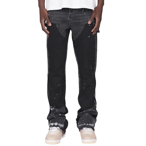 MASUCOR Y2k Herren Jeans Micro Flare Jeans Modisch Tintenspritzer Patchwork Straight Leg Denim-Hose Frühling Sommer Herbst Winter Freizeithose mit Taschen(Black,S) von MASUCOR