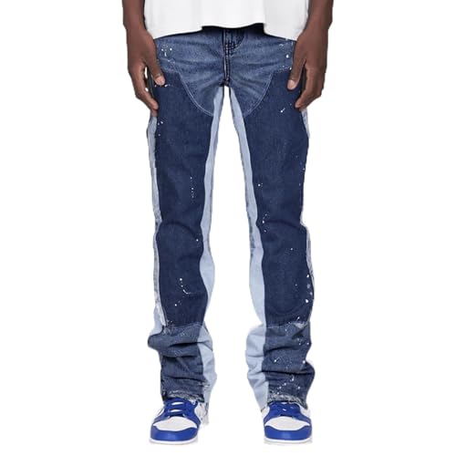 MASUCOR Y2k Herren Jeans Micro Flare Jeans Modisch Tintenspritzer Patchwork Straight Leg Denim-Hose Frühling Sommer Herbst Winter Freizeithose mit Taschen(Blue,S) von MASUCOR