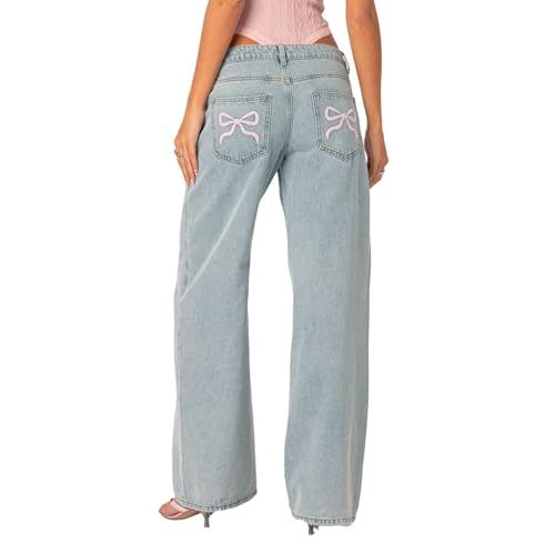 MASUCOR Y2k Jeans Damen Hoch Tailliert Jeans mit Schleifen an Den Taschen Gerade Weites Bein Jeans Cargo Hosen Boyfriendjeans Süße Rosa Schleifenjeans Freizeithose(Light Blue,M) von MASUCOR