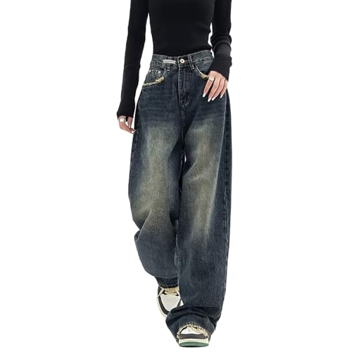 Straight Jeans Damen Lang Baggy Stretch Jeanshose Elegant Bootcut Schlaghose High Waist Weites Bein Denim Hose Schlagjeans Hip Hop Vintage Blau Breites Bein Loose Hosen Y2k (Color : Blue, Size : XL von MASUCOR