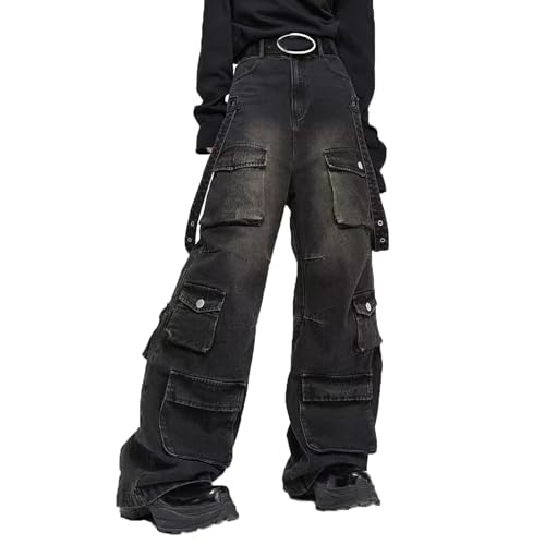Y2K Jeans Gothic Multi Pocket Loose Wide Leg Workwear Lange Hosen Herren Hip-Hop Jeans Hohe Taille Herren Jeans Komfort Denim Straight Leg Relaxed Fit Jeans Baumwolle Schwarz(XL) von MASUCOR