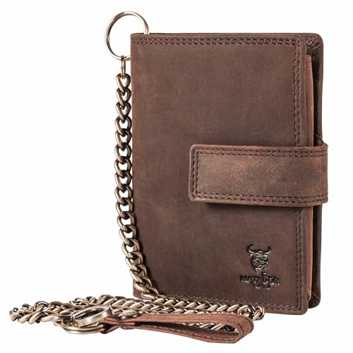 MATADOR Biker Geldtasche Leder #Seattle mit edler Geschenkbox, Elegantes Portemonnaie Kette und RFID Blocker, Luxus Portemonnaie mit Kette Viele Kartenfächer in Braun Dunkel von MATADOR