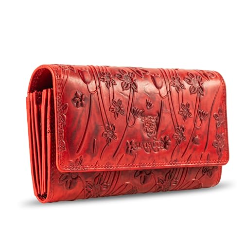 MATADOR XL Karten Portemonnaie Geldbeutel Damen Leder Groß #Budapest mit edler Geschenk Box, Portmonee Geldbörse Damen Gross mit RFID Blocker, Geldtasche Brieftasche, Damenportemonnaie Blumen Rot von MATADOR
