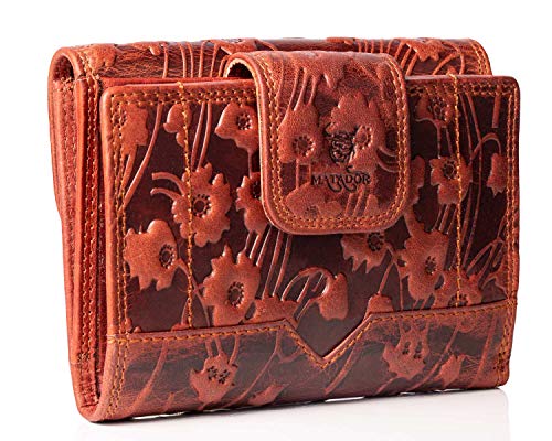 MATADOR Echtleder Geldbörse Damen Mittelgroß mit edler Geschenk Box| Leder Portemonnaie Portmonee Damen | RFID Geldbörse Leder Geldbeutel Blumen Braun von MATADOR