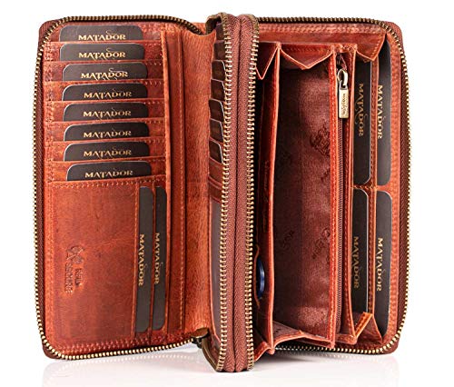 MATADOR Geldbörse Damen Leder #Madrid mit edler Geschenk Box, Elegantes Portemonnaie Damen Leder mit RFID Blocker, Luxus Frauen Portmonee Viele Kartenfächer in Vintage Braun von MATADOR