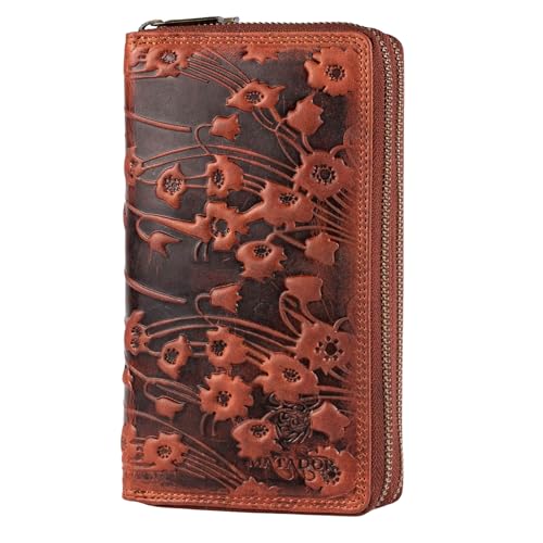 MATADOR Portemonnaie Damen Leder #Madrid mit Edle Geschenk Box, Eleganter Geldbeutel mit RFID Blocker, Luxus Frauen Portmonee Viele Kartenfächer in Braun Blumen von MATADOR