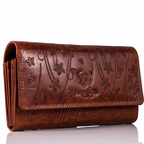 MATADOR XL Karten Portemonnaie Geldbeutel Damen Leder Groß #Budapest mit edler Geschenk Box, Portmonee Geldbörse Frauen Gross mit RFID Blocker, Geldtasche Brieftasche, Damenportemonnaie Blumen Braun von MATADOR
