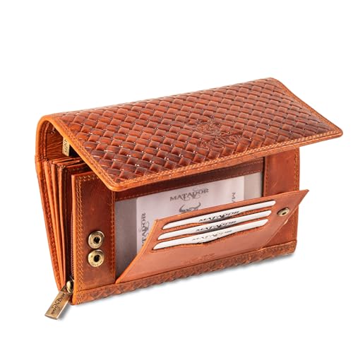 MATADOR Leder Geldbeutel Damen Groß #PRAG mit edler Geschenk Verpackung, Luxus RFID Geldbörse Damen Gross, Geldtasche Frauen Viele Fächer, Edles Damen Portemonnaie Leder Lang, Geflochten Braun von MATADOR