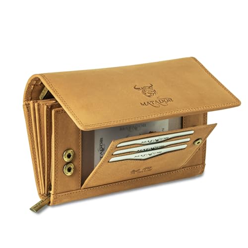MATADOR Leder Geldbeutel Damen Groß #PRAG mit edler Geschenk Verpackung, Luxus RFID Geldbörse Damen Gross, Geldtasche Frauen Viele Fächer, Edles Portemonnaie Leder Lang, Hell Braun von MATADOR