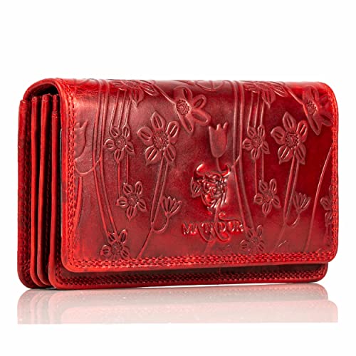 MATADOR Geldbörse Damen Rot Leder #VENEDIG mit edler Geschenkbox, Elegante Geldbörse Damen Mittelgroß mit RFID Blocker, Luxus Portemonnaie Mittelgroß Viele Kartenfächer, Blumen Rot von MATADOR