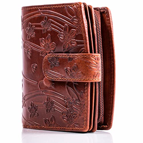 MATADOR Damen Geldbörse Mittelgroß Leder #Valencia mit edler Geschenkbox, Elegante Geldbörse Damen Mittelgroß mit RFID Blocker, Luxus Portemonnaie Mittelgroß Viele Kartenfächer, Blumen Braun von MATADOR
