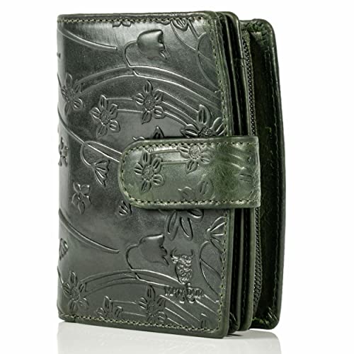 MATADOR Damen Geldbörse Mittelgroß Leder #Valencia mit edler Geschenkbox, Elegante Geldbörse Damen Mittelgroß mit RFID Blocker, Luxus Portemonnaie Mittelgroß Viele Kartenfächer, Blumen Grün von MATADOR