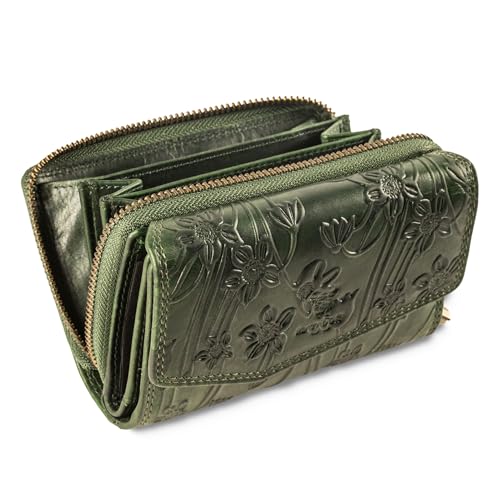 MATADOR Leder Geldbörse Damen Mittelgroß #Sevilla mit Geschenk Box, Luxus RFID Geldbeutel Damen, Geldtasche Frauen Viele Fächer, Leder Brieftasche, Edles Portemonnaie Frauen Blumen Grün von MATADOR