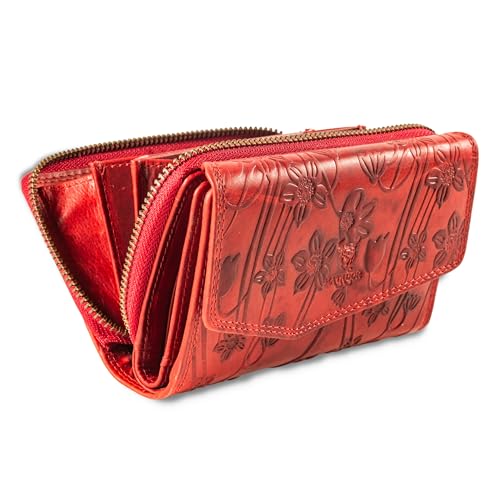 MATADOR RFID Blocker Leder Portemonnaie Damen Gross | Geldbeutel Portmonee Damen mit Geschenk-Box | Damen Geldbörse Damen Leder Mittelgroß Viele Fächer | Geldtasche Brieftasche Damen | Blumen Rot von MATADOR