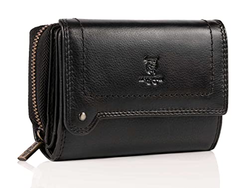 MATADOR Leder Portemonnaie Damen Schwarz Mittelgroß #Perth mit edler Geschenk Box, Leder Geldbörse Damen Schwarz Mittelgroß im Querformat, RFID Geldtasche Frauen Geldbeutel Mittelgroß, Schwarz Nappa von MATADOR