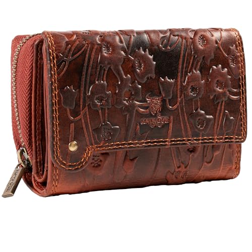 MATADOR Leder Portemonnaie Damen Mittelgroß #Perth mit edler Geschenkverpackung, Leder Geldbörse Damen Mittelgroß im Querformat, RFID Geldtasche Frauen Geldbeutel Mittelgroß, Blumen Braun von MATADOR