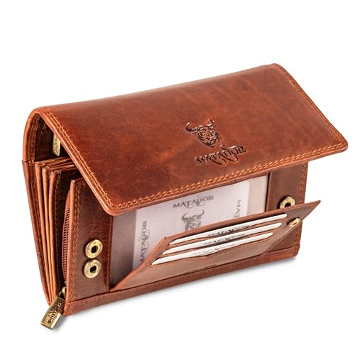 MATADOR Leder Geldbeutel Damen Groß #PRAG mit edler Geschenk Verpackung, Luxus RFID Geldbörse Damen Gross, Brieftasche Frauen Viele Fächer, Edles Portemonnaie Leder Lang, Vintage Braun von MATADOR