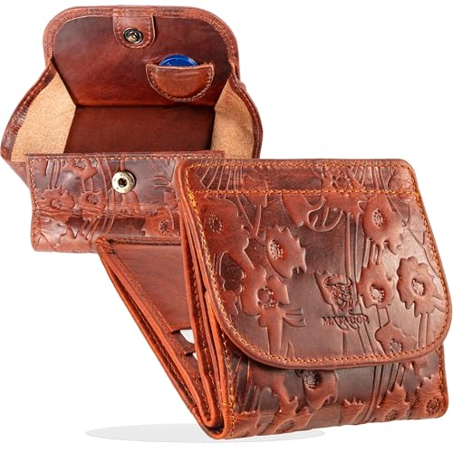 MATADOR Mini Portemonnaie Damen Leder Wien Mini Wallet mit edler Geschenk Box, Eleganter Kleiner Geldbeutel Damen mit RFID Blocker, Luxus Geldtasche Klein mit vielen Fächern in Braun Blumen von MATADOR