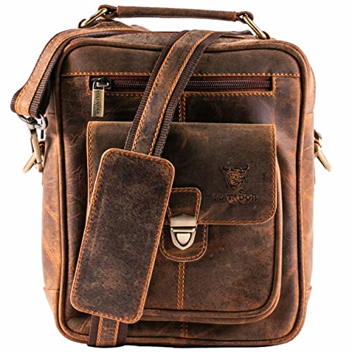 MATADOR Echt Leder Herren Umhängetasche Damen Schultertasche Ledertasche Hochwertige Henkeltasche Arbeittasche Hunter Braun von MATADOR