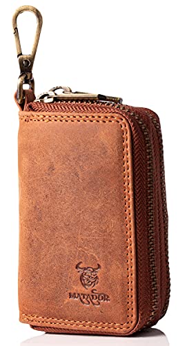 MATADOR Echt Leder Schlüsselanhänger Schlüsseltasche Auto-Schlüssel-Anhänger Antik Vintage Braun Karabienerhacken Tasche Doppelter Reißverschluss von MATADOR