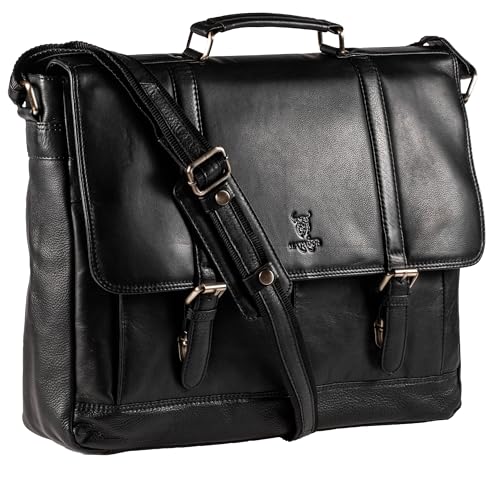 MATADOR Echt Leder Umhängetasche Herren Damen 'DUBAI | Laptoptasche Notebook 17+ Zoll | Aktentasche Laptop Uni Tasche Leder Gross | Arbeitstasche Männerhandtasche Schultertasche | Nappa Schwarz von MATADOR