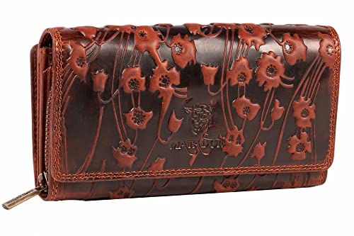 MATADOR Portemonnaie Damen Leder #LISSABON mit edler Geschenkbox, Elegante Damen Geldbörsen mit RFID Blocker, Luxus Geldbörse Groß mit vielen Kartenfächern, Blumen Braun von MATADOR