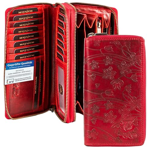MATADOR Portmonee Damen Rot #Madrid mit edler Geschenk Box, Elegantes Leder Portemonnaie Damen, RFID Geldbörse Echtleder, Luxus Frauen Geschenk mit Viele Kartenfächer in Blumen Rot von MATADOR