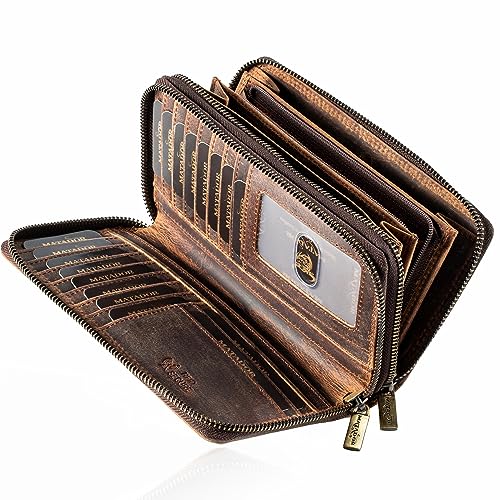 MATADOR Portemonnaie Damen Leder #Madrid mit Edle Geschenk Box, Eleganter Geldbeutel mit RFID Blocker, Luxus Frauen Portmonee Viele Kartenfächer in Hunter Braun von MATADOR