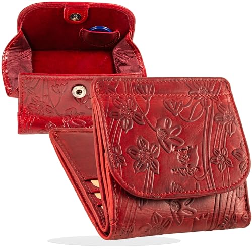MATADOR Portemonnaie Damen Klein Leder Wien Mini Geldbörse mit edler Geschenk Box, Eleganter Geldbeutel Damen Klein mit RFID Blocker, Luxus Kleine Geldbörse mit vielen Fächern in Blumen Rot von MATADOR