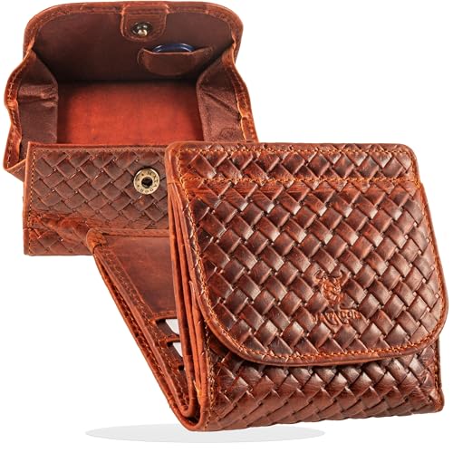 MATADOR Geldbörse Herren Klein Leder Wien Mini Geldbeutel mit edler Geschenk Box, Elegantes Portmonee Klein mit RFID Blocker, Luxus Kleine Geldbörse Herren mit vielen Fächern in Geflochten Braun von MATADOR
