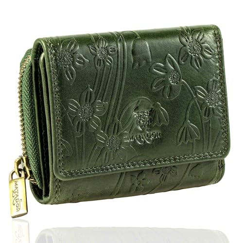 MATADOR Mini Geldbörse Damen Leder #CHIQUITO Portemonnaie Klein mit edler Geschenk Box, Elegantes Portmonee Damen Klein mit RFID Blocker, Luxus Geldbörse mit vielen Fächern in Blumen Grün von MATADOR