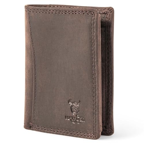 MATADOR Kleines RFID Blocker Portemonnaie Herren Klein Leder, Kleine Geldbörse Männer Slim Wallet mit Münzfach, Portmonee Brieftasche Klein mit Geschenk-Box für Frauen & Männer in Dunkel Braun von MATADOR