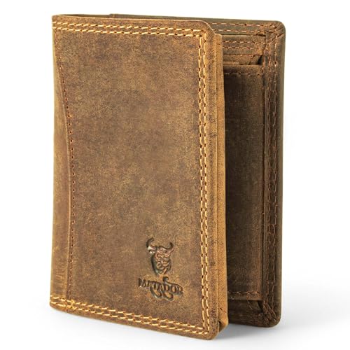 MATADOR Kleines RFID Blocker Portemonnaie Herren Klein Leder, Kleine Geldbörse Männer Slim Wallet mit Münzfach, Portmonee Brieftasche Klein mit Geschenk-Box für Frauen & Männer in Hunter Braun von MATADOR
