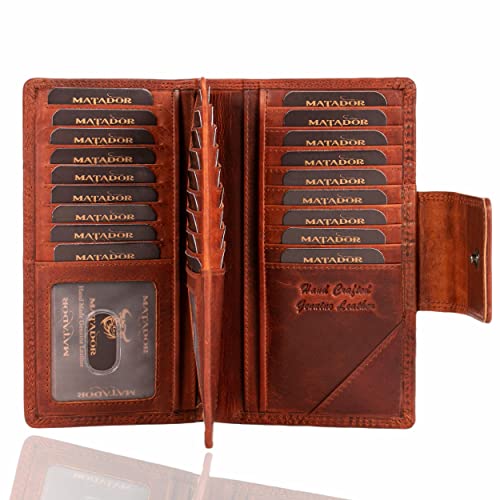 MATADOR Echt Leder Damen Geldbörse Frauen Brieftasche Groß Tüv Geprüfter RFID Schutz 36 Kartenfächer Ladies Wallet mit Handschlaufe Antik Vintage Braun von MATADOR