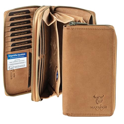 MATADOR Geldbeutel Damen Groß Leder #Madrid mit edler Geschenk Box, Elegante Damen Geldbörse Groß mit RFID Blocker, Luxus Frauen Portmonee Viele Kartenfächer, Kartenetui mit Münzfach in Hell Braun von MATADOR