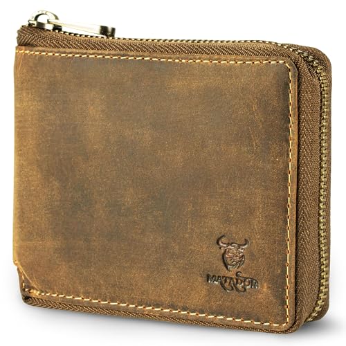 MATADOR Leder Geldbeutel Herren #BADALONA mit edler Geschenk Box, Elegante Herren Geldbörse mit RFID Blocker, Luxus Männer Geldbörse mit Reißverschluss und Viele Kartenfächer in Braun Hunter von MATADOR