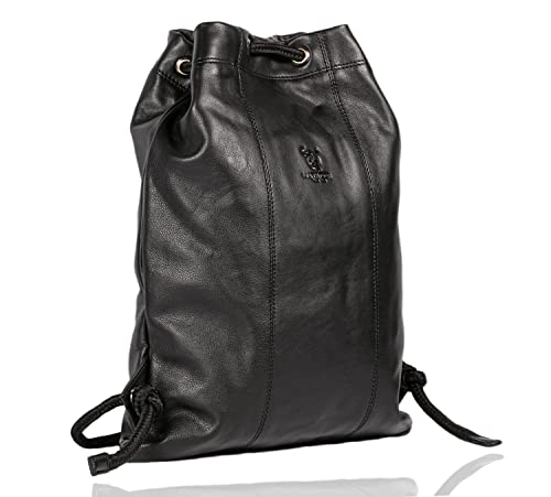 MATADOR Fitness Turnbeutel Schwarz Leder #SPARTA, eleganter Sportbeutel Schwarz, Echtleder Kordelzugbeutel, Turnbeutel Festival, Kleine Tasche Herren Gym Rucksack in Schwarz Nappa von MATADOR