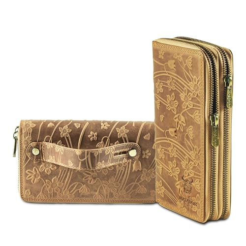 MATADOR Portemonnaie Damen Leder #Madrid mit Edle Geschenk Box, Eleganter Geldbeutel mit RFID Blocker, Luxus Frauen Portmonee Viele Kartenfächer in Blumen Hell Braun von MATADOR