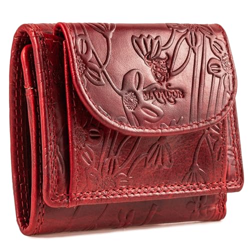 MATADOR Mini Geldtasche Echt Leder Herren Portemonnaie Klein Damen Blumenprägung Rot Klein Geldbörse TüV Geprüfter RFID Schutz kartenhalter inkl Geschenk-Box von MATADOR