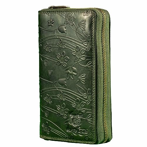 MATADOR XL Karten Portemonnaie Geldbeutel Damen Leder Groß #GIRONA mit edler Geschenk Box, Portmonee Geldbörse Damen Gross mit RFID Blocker, Geldtasche Brieftasche, Damenportemonnaie Blumen Grün von MATADOR